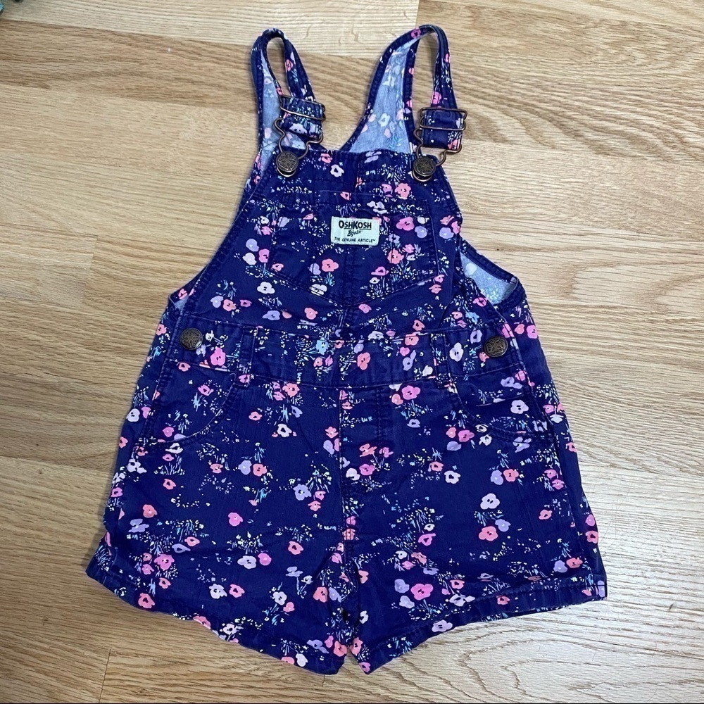 Oshkosh B’gosh Floral Shortalls Shorts Bib Overalls Purple Pink 3T Toddler Girls - Picture 2 of 4